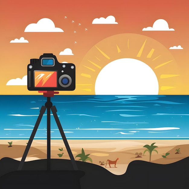 Photos of a camera on a tripod taking pictures at sunrise on the beach because it is the photograph