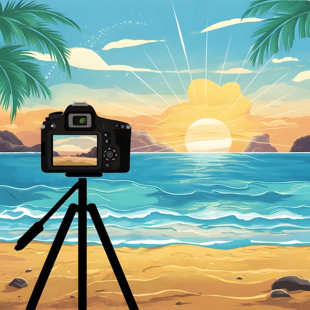 Photos of a camera on a tripod taking pictures at sunrise on the beach because it is the photograph