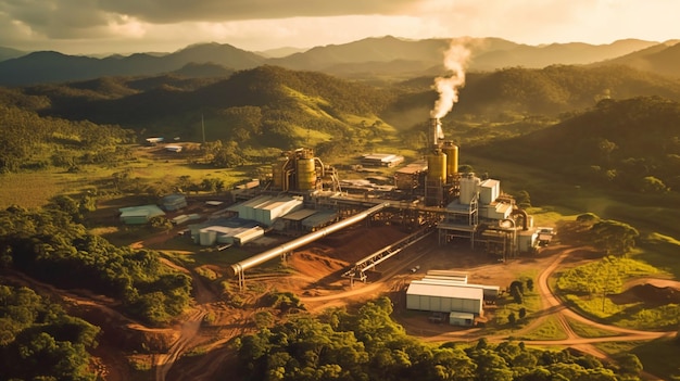 Photos of the gold mine processing facility from an elevated perspective GENERATE AI