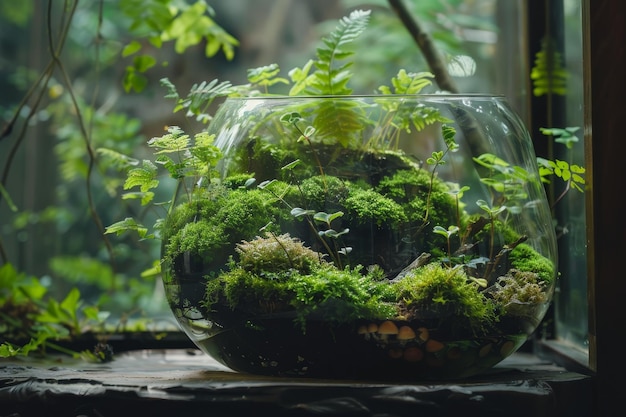 Photo the photos show a terrarium and green plants in the glass in the style of changelingcore rtx on dyna