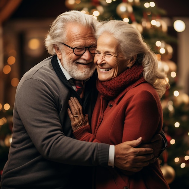 photoshoot of old couple huging a christmas tree in the background