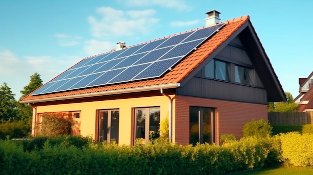 Photovoltaic or solar panels on a detached home with a yard in front of a beautiful sky Generative AI illustrator