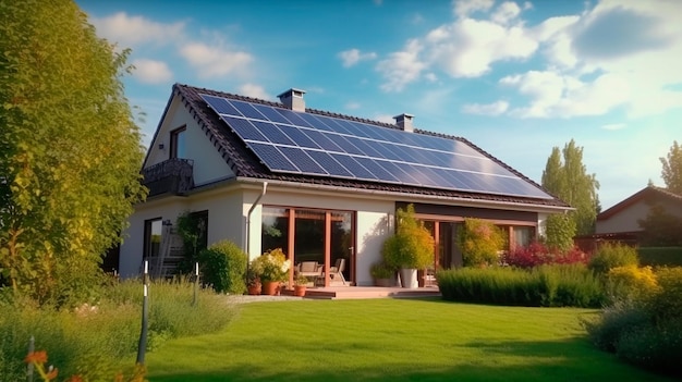 Photovoltaic or solar panels on a detached home with a yard in front of a beautiful sky Generative AI illustrator