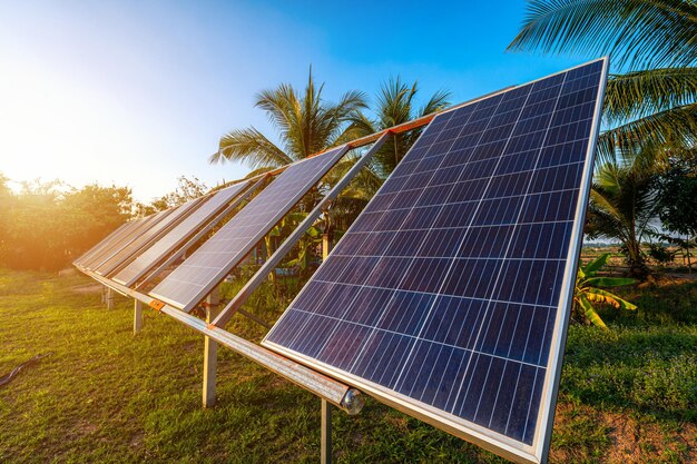 Photovoltaic solar power panel for agriculture in a rural houses area Agricultural fields blue sky backgroundAgroindustry of household Rural style in Thailand smart farm alternative clean energy