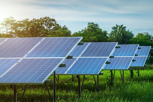 Photovoltaic solar power panel on dramatic sunset blue sky background green clean Alternative power energy concept