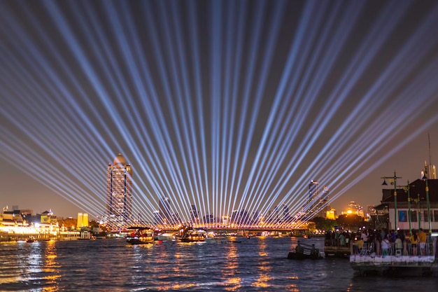 Phra Phuttha Yodfa Bridge or Memorial Bridge light up with fireworks event show 'Vijit Chao Phraya' lighting extravaganza with firework at Memorial Bridge