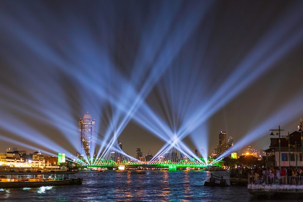 Phra Phuttha Yodfa Bridge or Memorial Bridge light up with fireworks event show 'Vijit Chao Phraya' lighting extravaganza with firework at Memorial Bridge