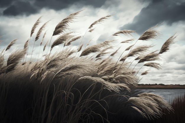 Phragmites in a wind with cloudy sky Illustration AI Generative