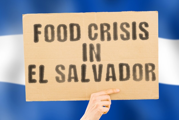 The phrase Food crisis in El Salvador is on a banner in men's hands with a blurred El Salvador's flag in the background Crisis Finance Life Nutrition Bread Disaster Collapse Social issue