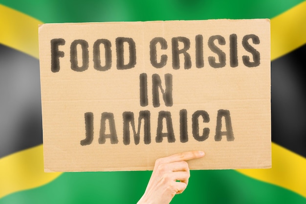 The phrase Food crisis in Jamaica is on a banner in men's hands with a blurred Jamaican flag in the background Crisis Finance Life Nutrition Bread Disaster Collapse Social issue