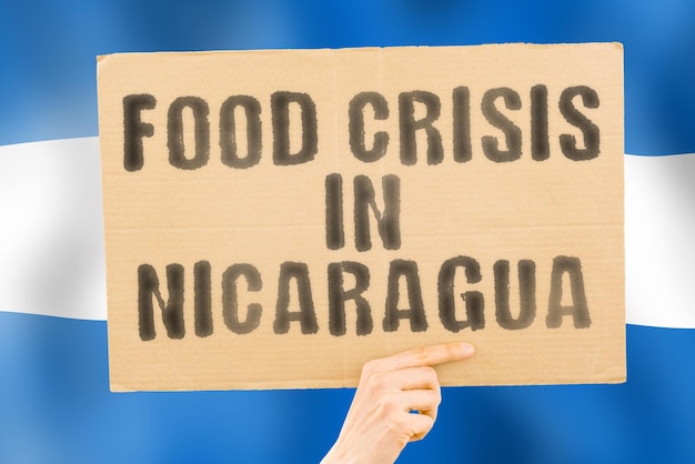 The phrase Food crisis in Nicaragua is on a banner in men's hands with a blurred Nicaraguan flag in the background Crisis Finance Life Nutrition Bread Disaster Collapse Social issue