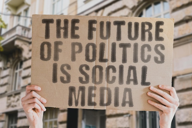 The phrase The future of politics is social media on a banner in mens hand Control Competition