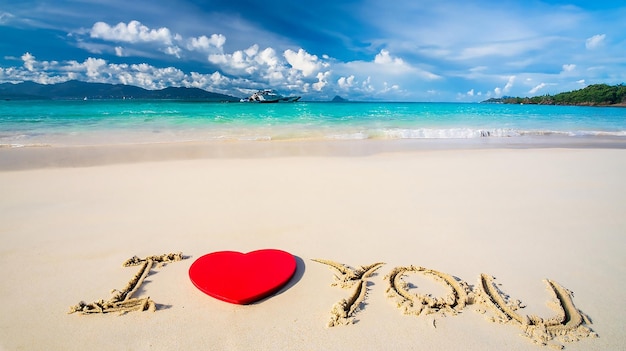 The phrase I LOVE YOU drawn on the sand with a heart form by a fresh flower lei Romance honeymoon