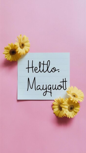 Photo phrase quothello mayquot written on white note on pastel background with flowers