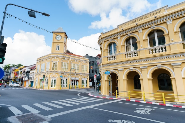 Phuket old town with Building Sino Portuguese architecture at Phuket Old Town area Phuket, Thailand.