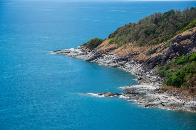 Phuket view point and Island with blue sky. subject is blurred.