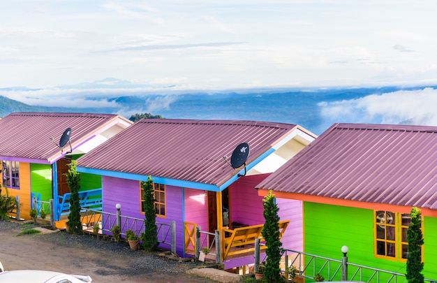 PHUTHAPBOEK PHETCHABUN THAILAND - OCTOBER 9 : Resorts and lodges on the mountain with sunset at morn