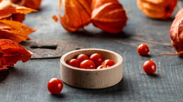 Physalis Peruviana fruit Tropical travel exotic fruit Vegan and vegetarian concept top view