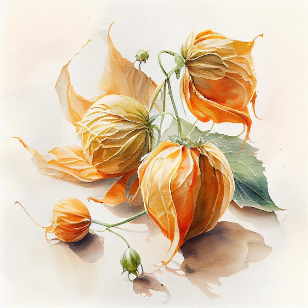 Physalis.Watercolor on white paper background. All the fruits.