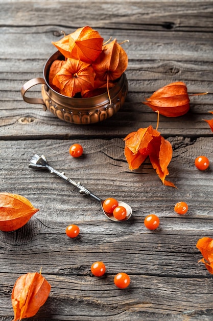 Physalis on wooden stump Ripe berries of autumn red physalis fruit berries fruit Physalis or Chinese Lantern Plants vertical image place for text