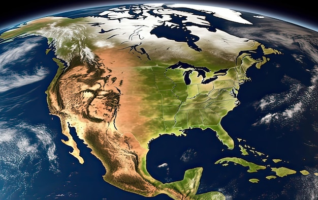 Physical map of North America USA Canada and Mexico with high resolution details Satellite view