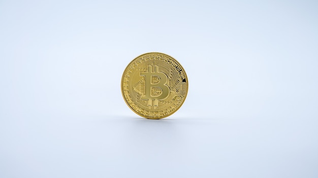 Physical metal golden Bitcoin currency on white wall. New worldwide virtual internet money. Digital coin in cyberspace, cryptocurrency gold BTC. Good investment future of online payment