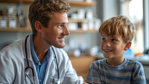 Physical therapist doing balance test medical exam with a boy