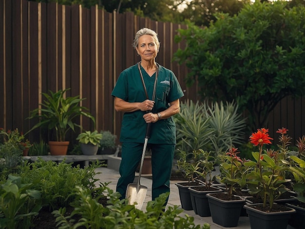 Photo physical therapist standing with a gardening trowel an_0