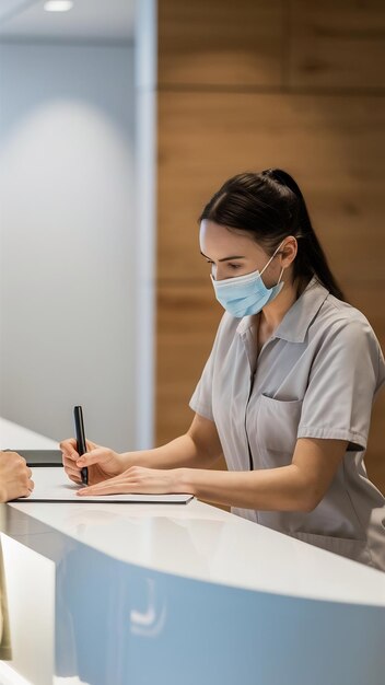 Physical therapist with face mask writing data of her client at reception desk