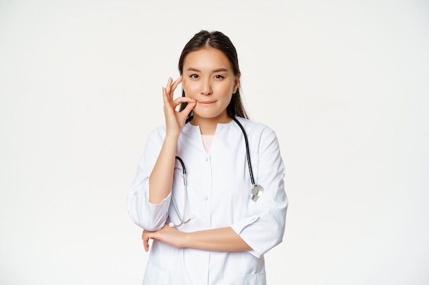 Physician-patient privilege, medical confidentiality. Asian woman doctor showing silence, mouth zip gesture, secret, standing over white background.