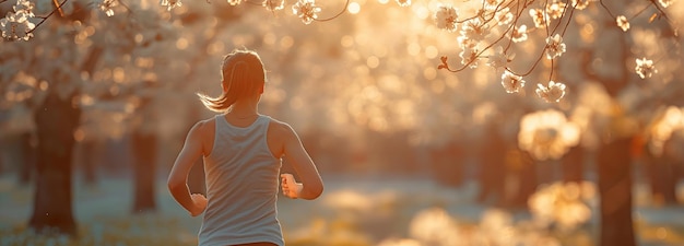 Physicist girl sprinting in a park on a sunny spring day amid flowers