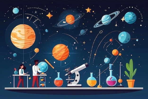 a physics lab with students experimenting with principles of astrophysics and spacetime vector illustration in flat style