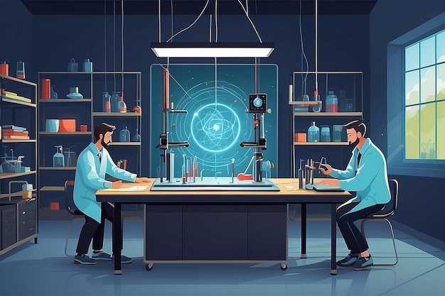 a physics lab with students experimenting with the principles of magnetism and electromagnetism vector illustration in flat style