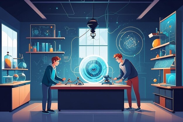 a physics lab with students experimenting with principles of quantum mechanics vector illustration in flat style