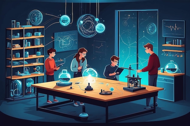 a physics lab with students experimenting with principles of quantum mechanics vector illustration in flat style