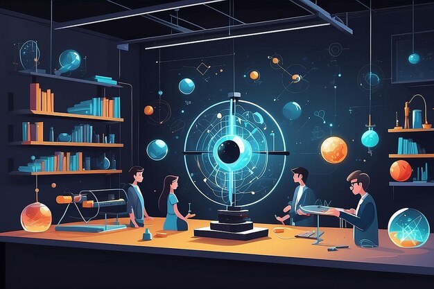 a physics lab with students experimenting with principles of quantum mechanics vector illustration in flat style