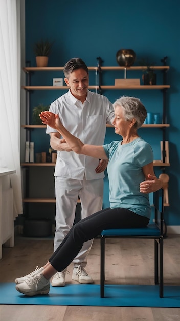 Physiotherapist doing exercises with female patient