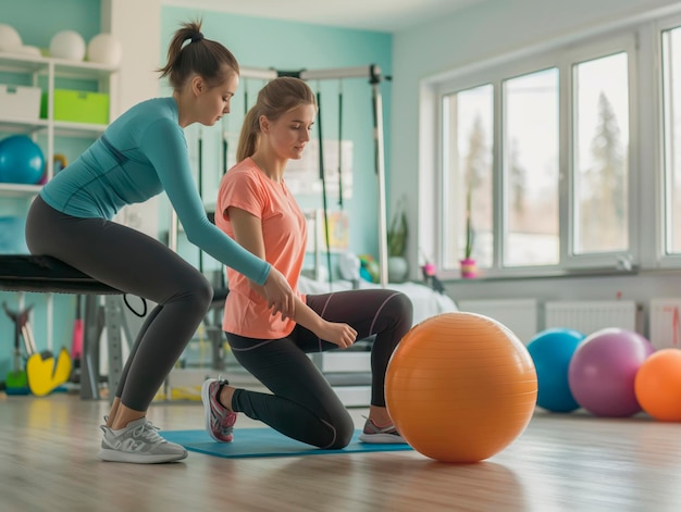 physiotherapist helping female patient to do exercise on fitness ball in physio room