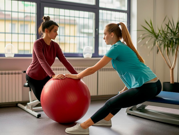 physiotherapist helping female patient to do exercise on fitness ball in physio room