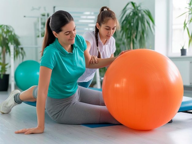 physiotherapist helping female patient to do exercise on fitness ball in physio room