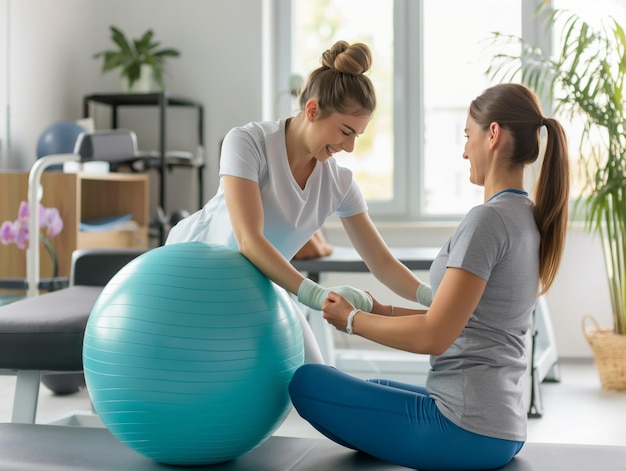 physiotherapist helping patient to do exercise on fitness ball in physio room