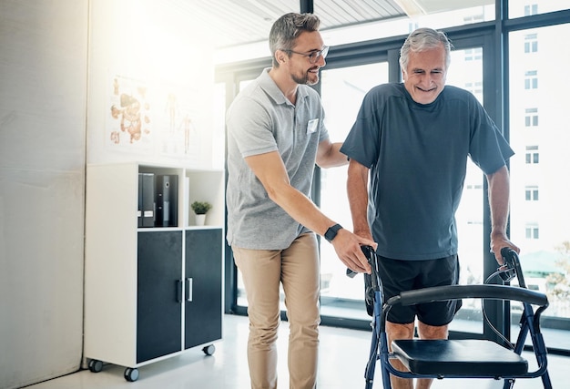 Photo physiotherapist walking frame and old man for rehabilitation consulting and recovery healthcare physical therapy and senior person with disability help for medical service wellness and support