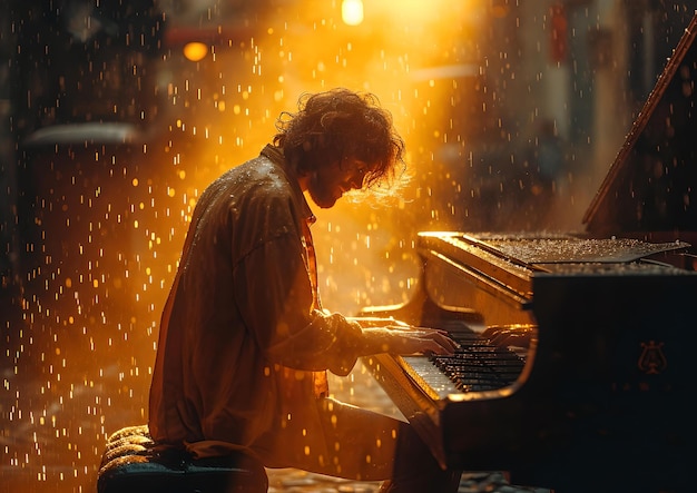 Pianist enthralled in music amidst sparkling lights a serene melodic moment captured on a dreamy night AI