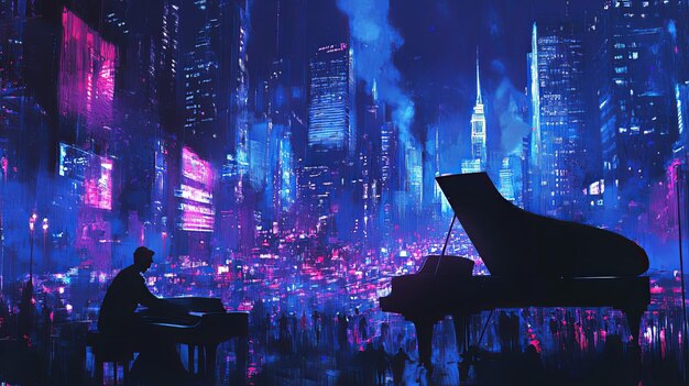 Photo a pianist in a futuristic city