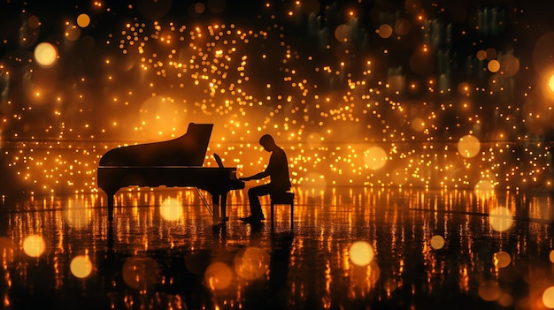 Pianist in a Golden Bokeh Night Scene