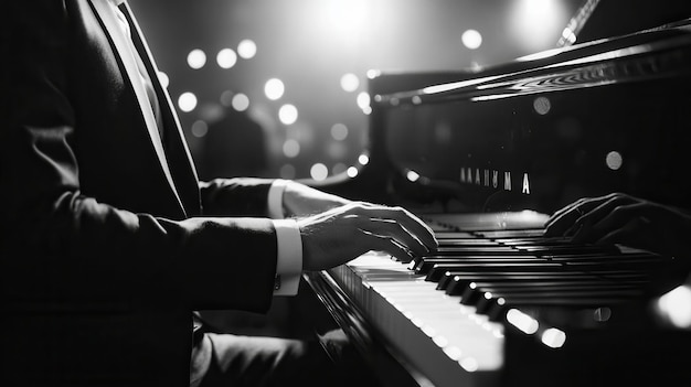 Photo pianist performing classical music on grand piano in concert