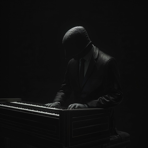 Photo a pianist in a suit performs on a headless piano in darkness