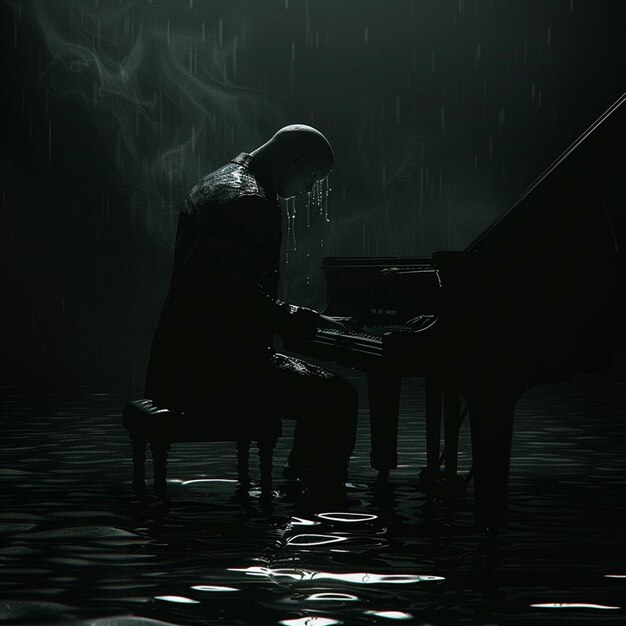 Photo a pianist in a suit performs on a headless piano in darkness