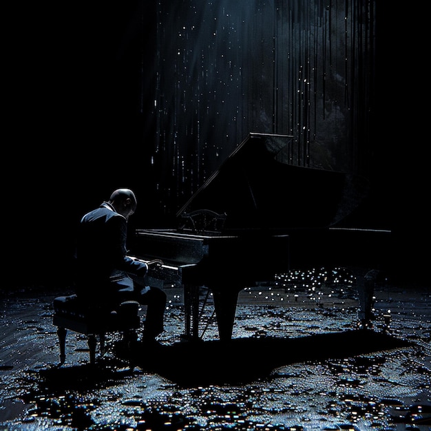 A pianist in a suit performs on a headless piano in darkness