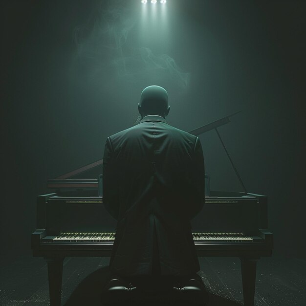 Photo a pianist in a suit performs on a headless piano in darkness